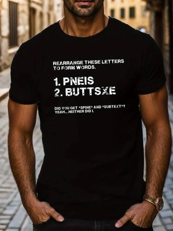 Geometric Pattern Men'WB shield Casual Crew Neck T-Shirt - 100% Polyester Knit Fabric, Regular Fit, Rearrange Letters...