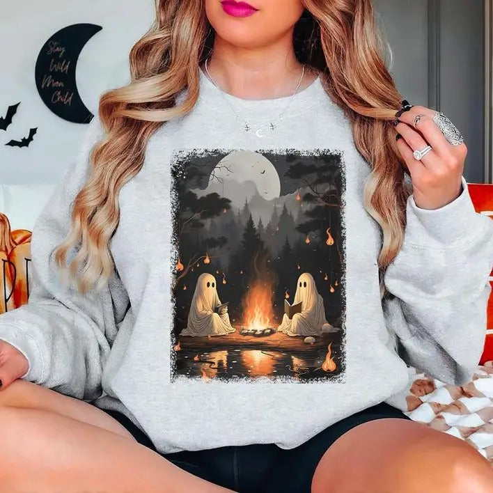 Ghost Book Camping Shirt, Retro Ghost Sweatshirt, 90s Halloween Sweatshirt, Ghost Camping Sweatshirt, Halloween...