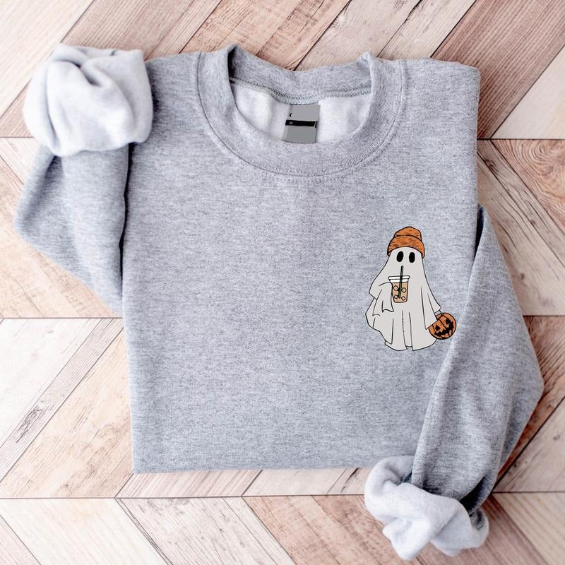 Ghost Drinking Coffee Sweatshirt, Cute Boo Pocket Size Shirt, Ice Coffee Lover Gift T-shirt, Spooky Season Sweater,...