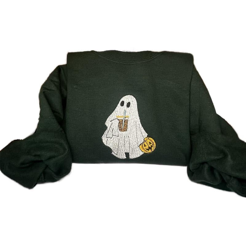 Ghost Embroidered Halloween Sweatshirt with Iced Coffee Design - Comfortable and Soft Cotton Crewneck Top for Women...