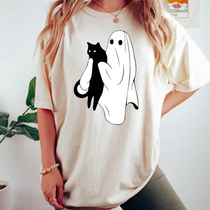 Ghost Holding Black Cat Halloween Shirt, Ghost Cat Halloween Sweatshirt, Ghost Shirt, Halloween Gift, Funny Halloween...