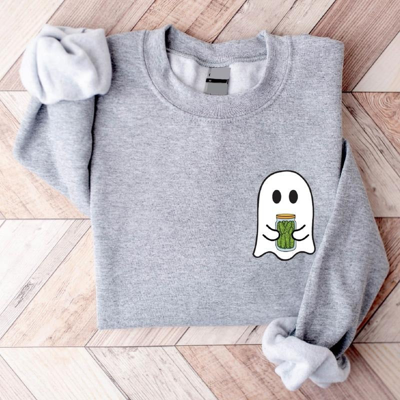 Ghost Pickle Pocket Size Sweatshirt, Cute Boo Hoodie, Trendy Pickle Jar Halloween Sweater, Unisex Pickle Lover Gift...