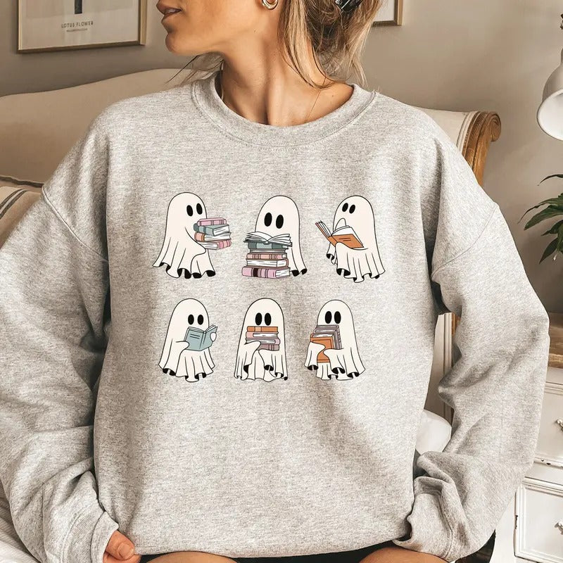 Ghost Reading Books Sweater, Bookish Halloween Sweatshirt, Halloween Teacher Gift, Librarian Halloween Hoodie, Ghost...