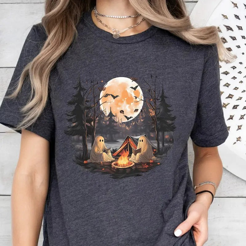 Ghost Reading Camping T-Shirt, Gothic Halloween Ghost Sweater, Ghost Reading Book T-Shirt, Halloween Ghost Tee Shirt,...