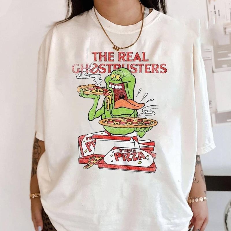 Ghostbusters Slimer & Pizza 80s Movie T-Shirt, The Real Ghostbusters Cartoon Halloween Shirts, 80s Halloween Shirt, Scary...