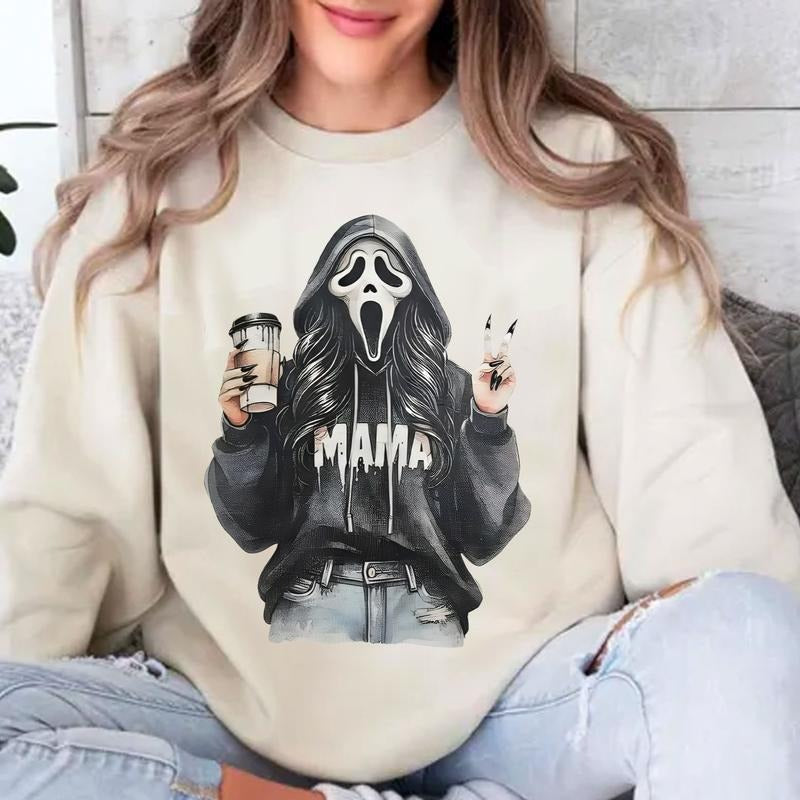 Ghostface MAMA Stylish The Death Coffee Crewneck Unisex Sweater - T-shirt Hoodie, Sweatshirt | RetroVerseTees.com