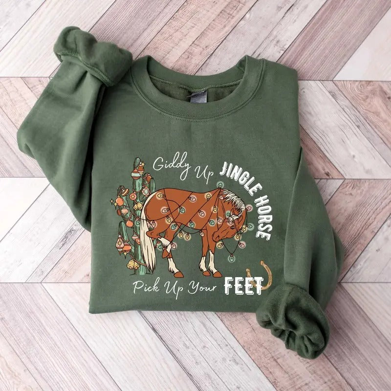 Giddy Up Jingle Horse Pick Up Your Feet Sweatshirt, Cowboy Christmas Sweatshirt, Howdy Country Christmas Horse Sweater,...