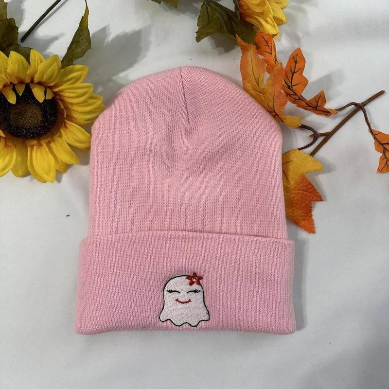 Girl Ghost embroidered Beanie; Halloween embroidered Beanie Cotton Cotton Cotton T-Shirts, Hoodie, Sweatshirt