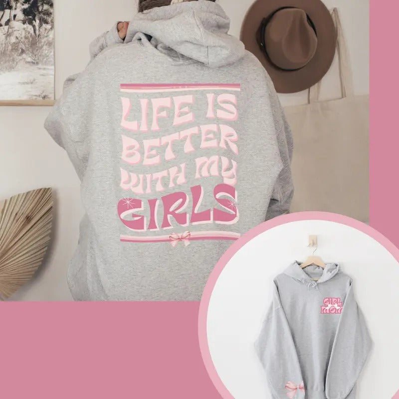 Girl Mom Hoodie - Two Sided with Sleeve Design - Girl Mom Sweatshirt, Pullover Pink Bow Hoodie for Girl Mamas, Mom...