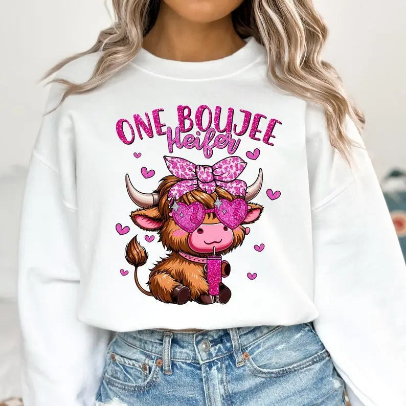 Glitter Heifer Valentine Sweatshirt, Highland Cow Valentine Sweatshirt, Western Valentines Shirt Design, Country Western...