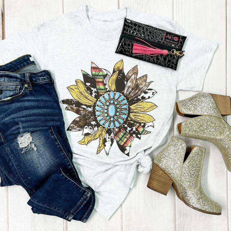 Glitter Serape Cow Gemstone Sunflower Graphic Tee Hoodie, Sweatshirt | RetroVerseTees.com