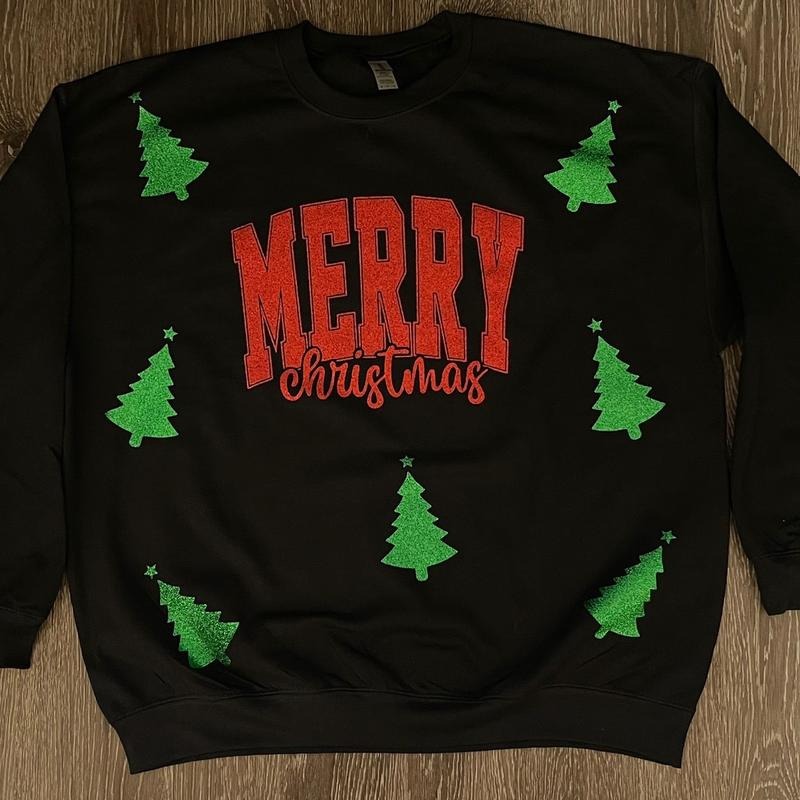 Glittery Merry Christmas with Trees Fleece Crewneck T-Shirts, Hoodie, Sweatshirt | RetroVerseTees.com