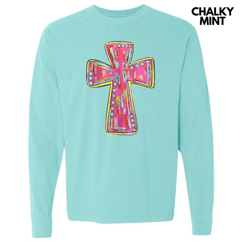 Glitz Pink Cross Long Sleeve Comfort Colors T-Shirt Hoodie, Sweatshirt | RetroVerseTees.com