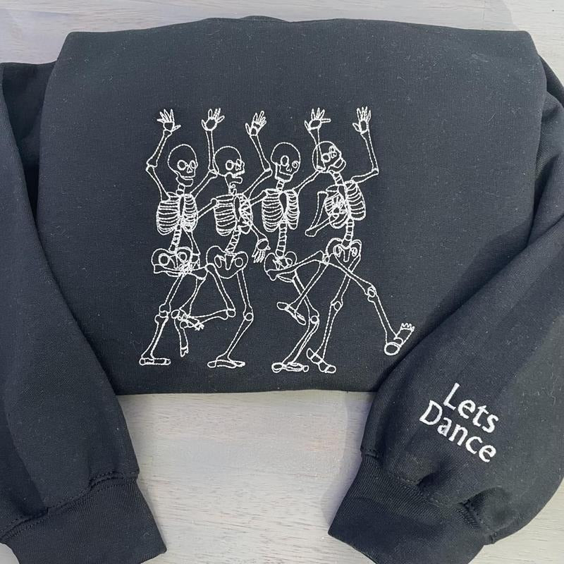 Glow in the dark Dancing Skeleton Embroidered sweatshirt; Cotton Casual embroidered crewneck T-Shirts, Hoodie