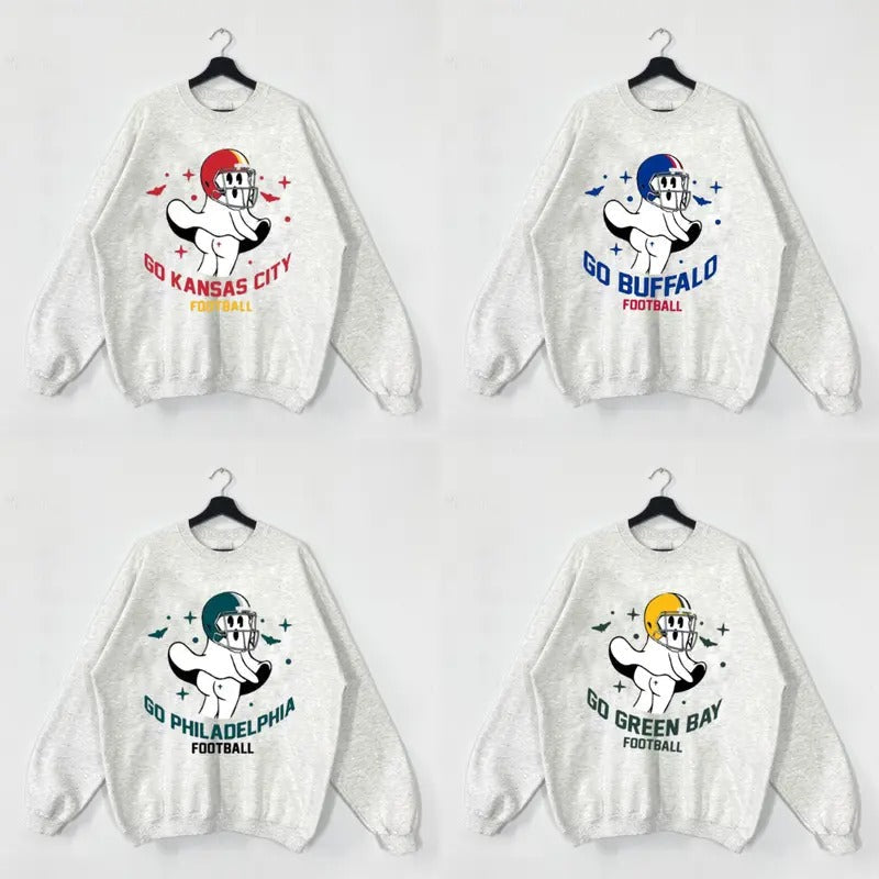 Go All Team Football Funny Ghost Vintage Sweatshirt, Football Team Cute Spooky Season Sweatshirt, Football Retro Shirt Hoodie