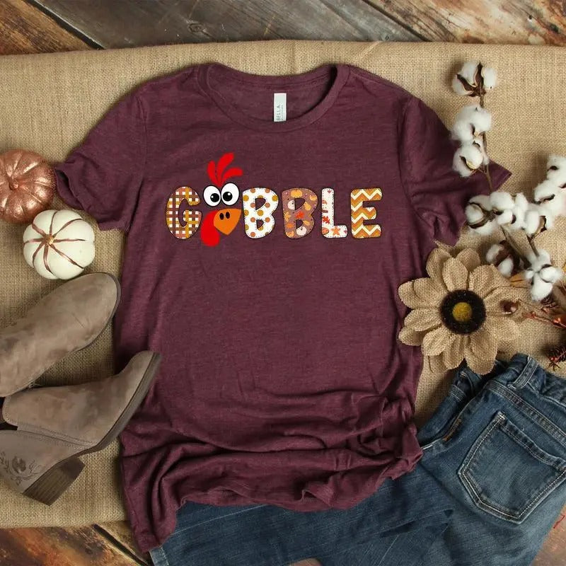 Gobble Gobble Thanksgiving T-shirt, Thanksgiving Family Shirt, Thanksgiving Dinner, Thankful Shirt Cotton Crewneck Fabric...