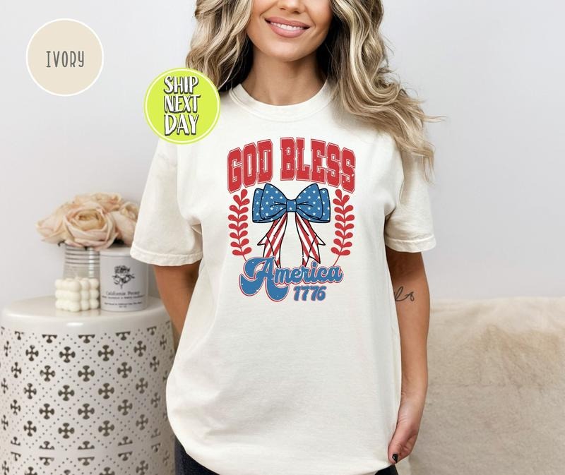 God Bless America 1776 T-shirt Patriotic Bow Tee Shirt Vintage American Flag Shirt Independence Day Tees 4th Of July T...
