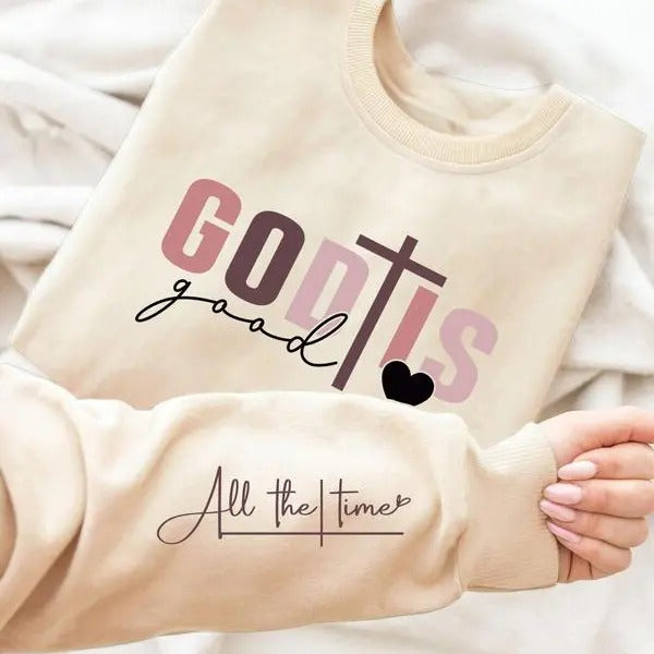 God Tis Good All The Time Sweatshirt, Women's Cross & Heart & Letter Print Round Neck Sweatshirt, Casual Long Sleeve...