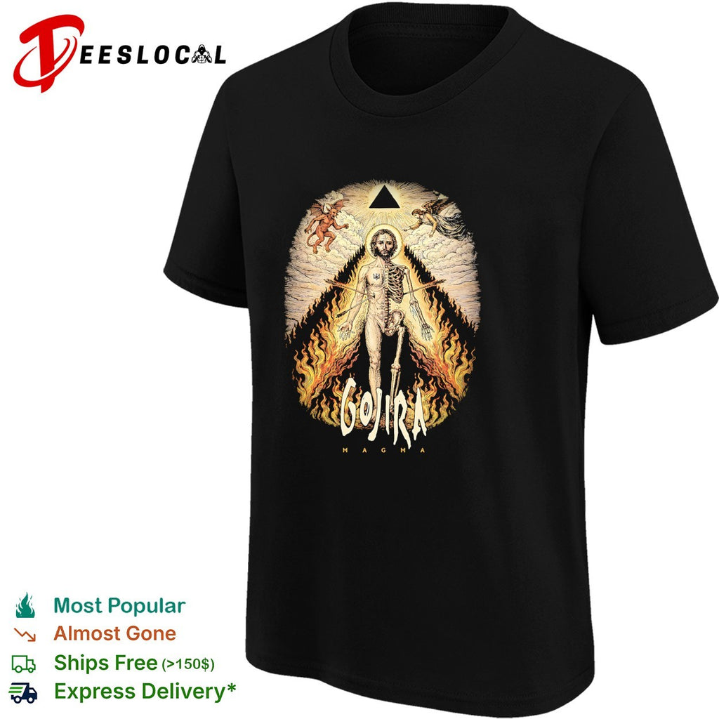 Gojira Magma half skeleton half human devil angel flames pyramid shirt