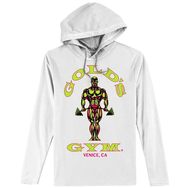 Gold's Gym Long Sleeve Hooded T-Shirt - White Hoodie, Sweatshirt | RetroVerseTees.com