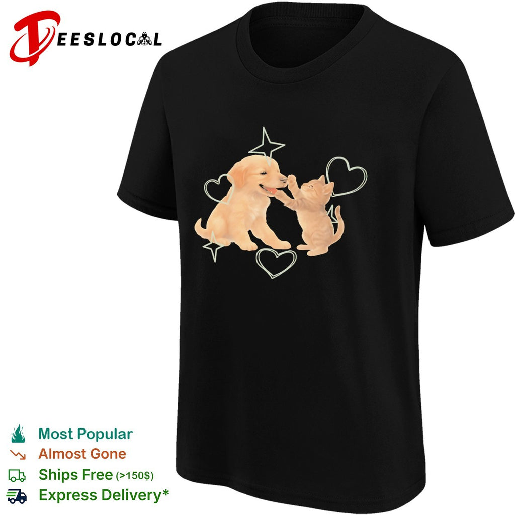 Golden Retriever Puppy and Tabby Kitten with Hearts shirt