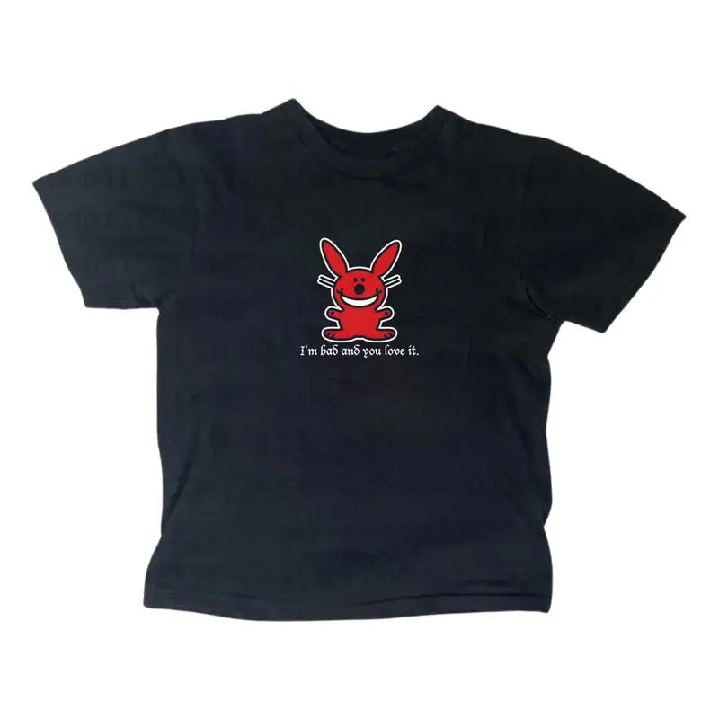 Gothic Happy Bunny Baby Tee - Soft Cotton Short Sleeve Fitted Casual Top, Women's Crew Neck, Scene Clothing 2000s Y2K Top