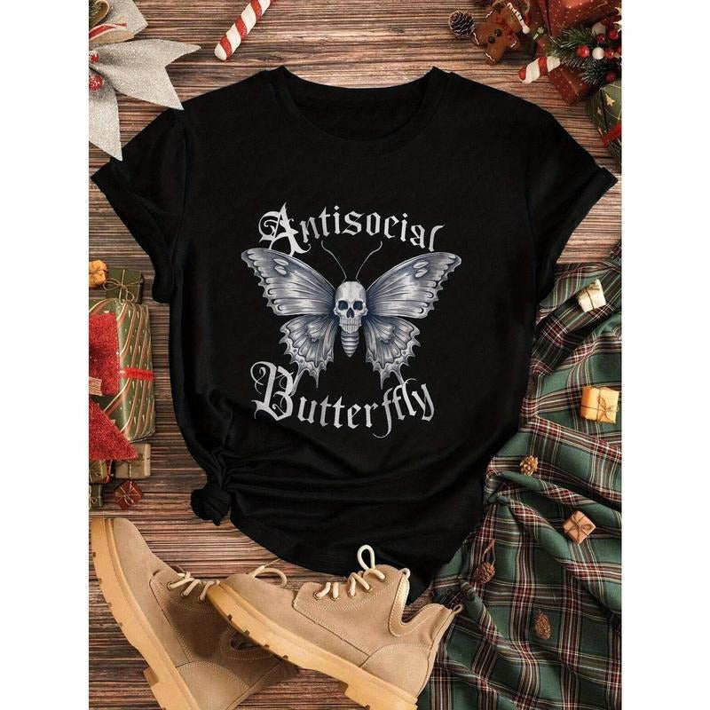 Gothic Skull & Butterfly Graphic Women'WB shield Plus Size Casual Short Sleeve T-Shirt - Light Grey Relaxed Fit Round...