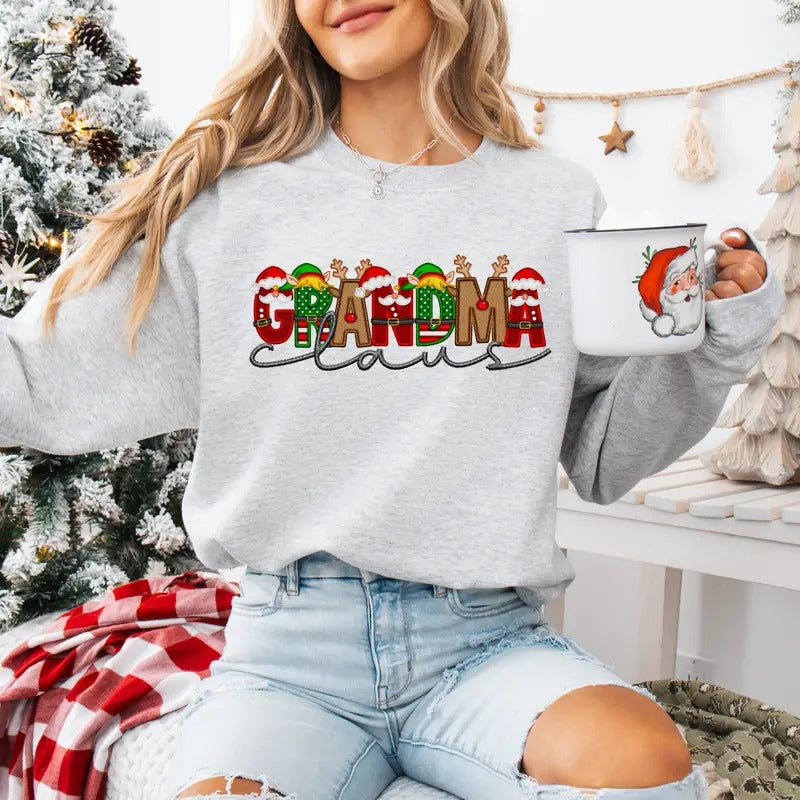 Grandma Claus Faux Embroidery Sweatshirt T-Shirts, Hoodie | RetroVerseTees.com