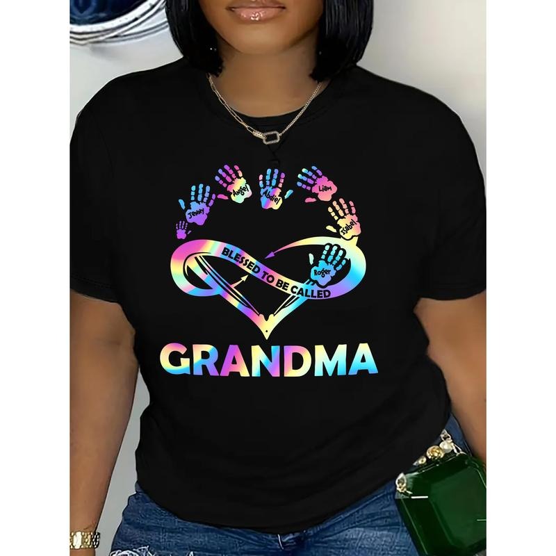 Grandma Heart Graphic Tee - Casual Crew Neck Short Sleeve, Breathable Polyester, Ombre Print, Machine Washable - Women'WB...