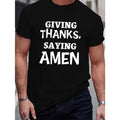 Grateful Thanks Saying Amen Letter Print Men's Short Sleeve Crew Neck T-Shirts, Comfy Casual Breathable Slightly Stretch...