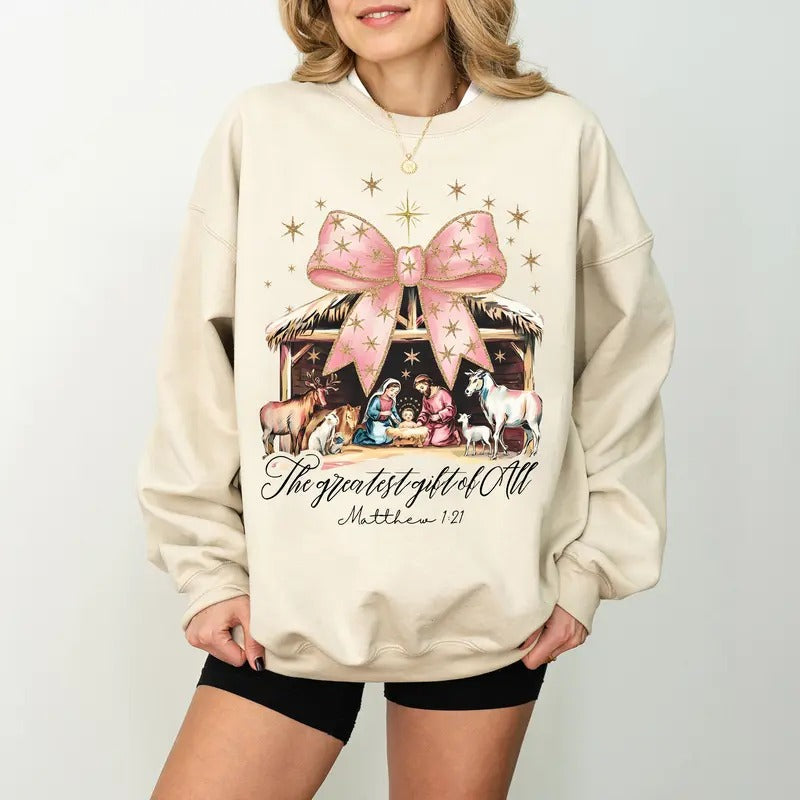 Greatest Gift of all Sweatshirt, Bow Nativity Coquette Shirt,  Christmas Faith Jesus Nativity Shirt, Christian Christmas...