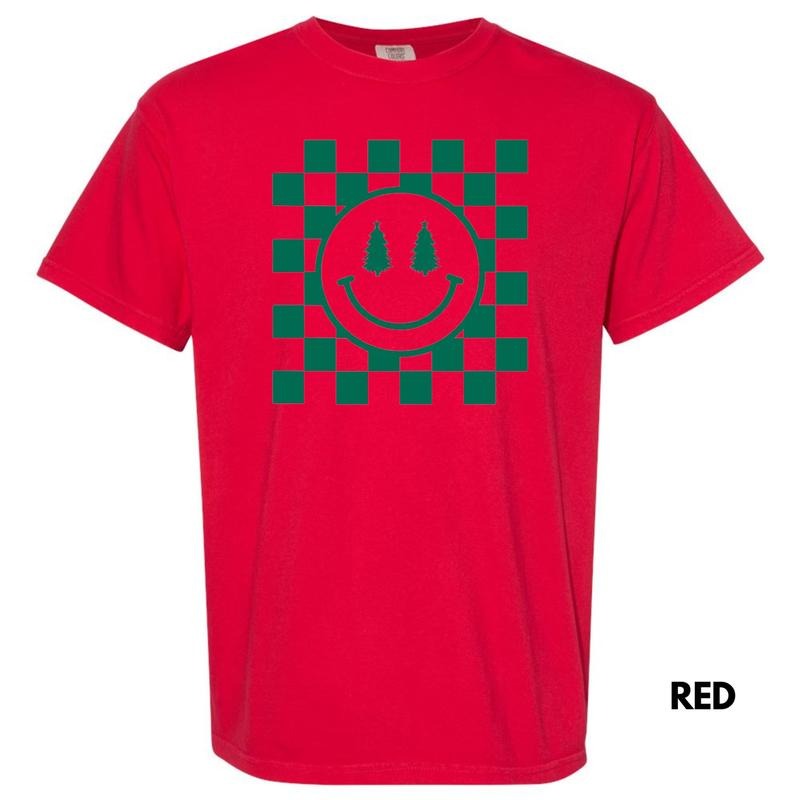 Green Checkered Christmas Tree Happy Face Comfort Colors T-Shirt Hoodie, Sweatshirt | RetroVerseTees.com