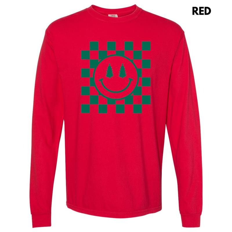 Green Checkered Christmas Tree Happy Face Long Sleeve Comfort Colors T-Shirt Hoodie, Sweatshirt | RetroVerseTees.com