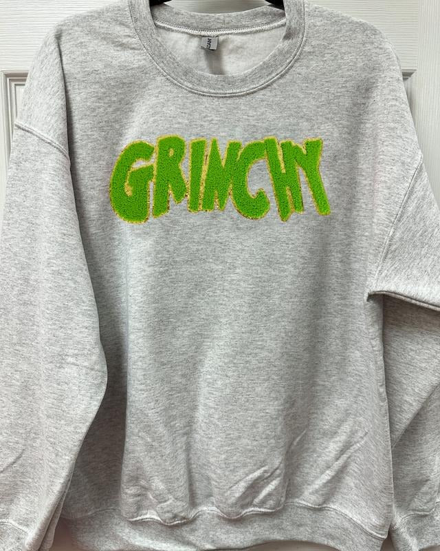 Green Chenille Patch Sweatshirt -- ASH GREY T-Shirts, Hoodie | RetroVerseTees.com