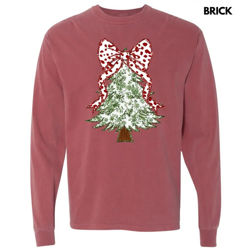 Green Floral & Red Bow Tree Long Sleeve Comfort Colors T-Shirt 'NLB' Hoodie, Sweatshirt | RetroVerseTees.com