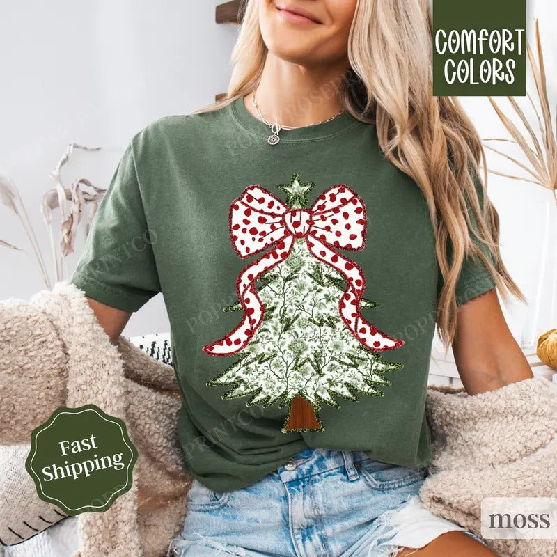 Green Floral Christmas Tree Shirt Comfort Colors, Coquette Christmas Tee, Women's Holiday Tshirt Hoodie, Sweatshirt