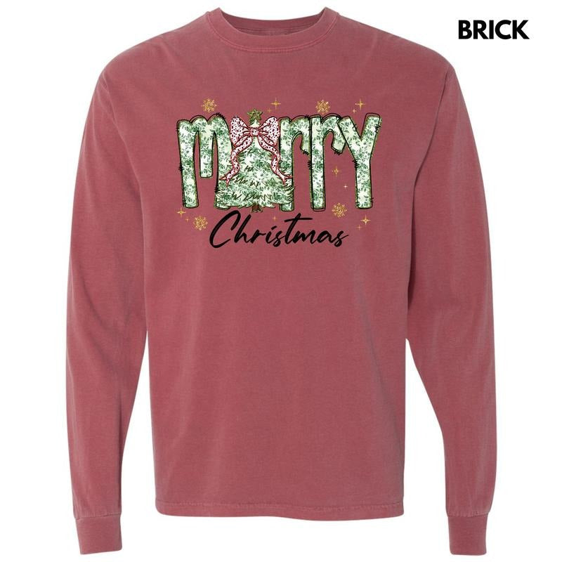 Green Floral Merry Christmas Long Sleeve Comfort Colors T-Shirt 'NLB' Hoodie, Sweatshirt | RetroVerseTees.com