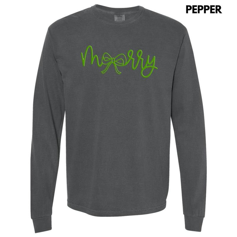 Green Merry Bow PUFF Long Sleeve Comfort Colors T-Shirt Hoodie, Sweatshirt | RetroVerseTees.com