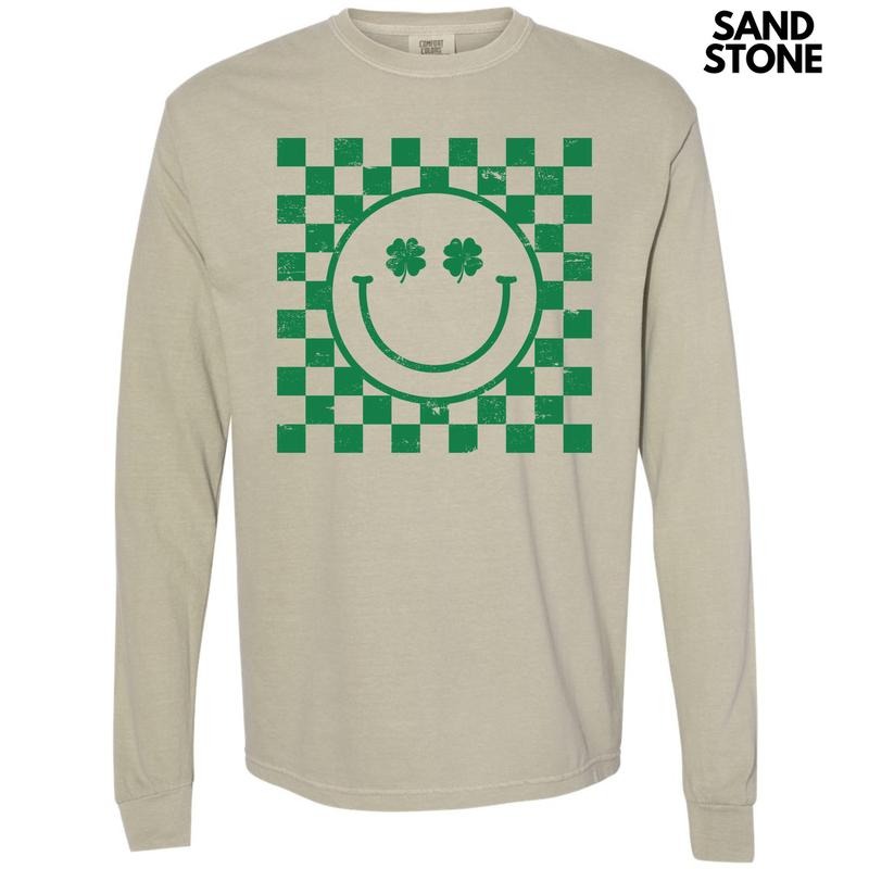 Green Shamrock Checker Happy Face Long Sleeve Comfort Colors T-Shirt 'NLB' Hoodie, Sweatshirt | RetroVerseTees.com