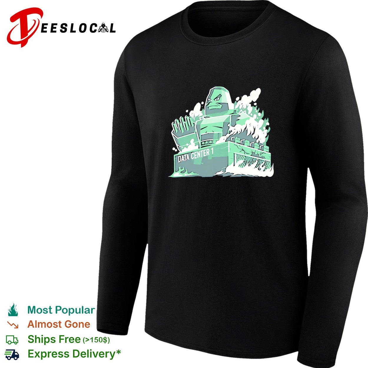 Green monster destroying data center building shirt