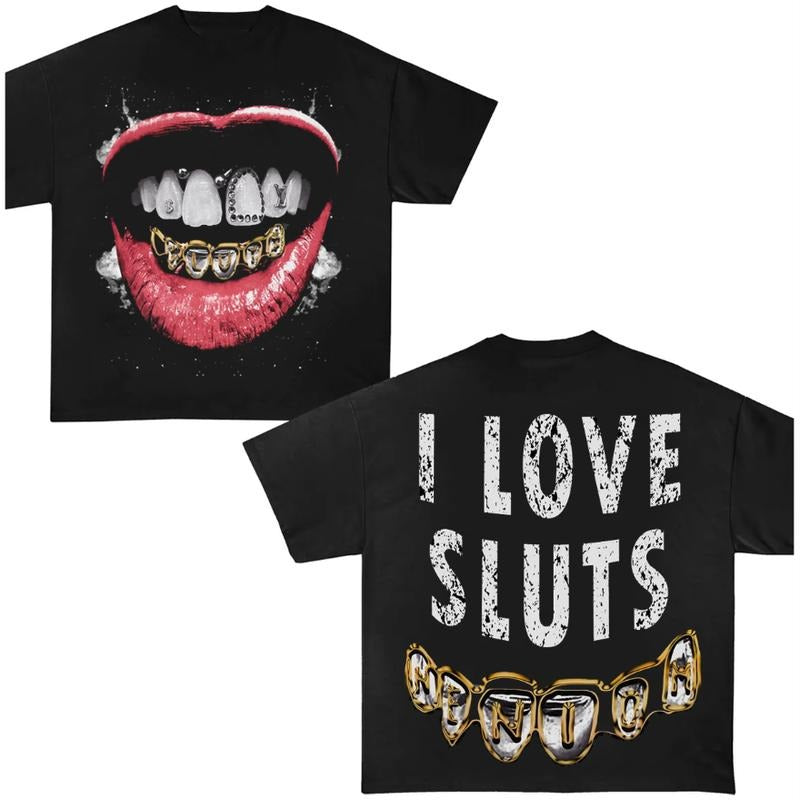 Grillz I Love Slts Garment-Dyed Y2k T-Shirt Graphic Tees Oversized Cotton Unisex Top Streetwear Hoodie, Sweatshirt