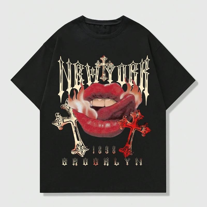 Grunge Punk Cross Lips Y2k Graphic Print T-Shirt Top Tee Streetwear Oversized Hoodie, Sweatshirt | RetroVerseTees.com