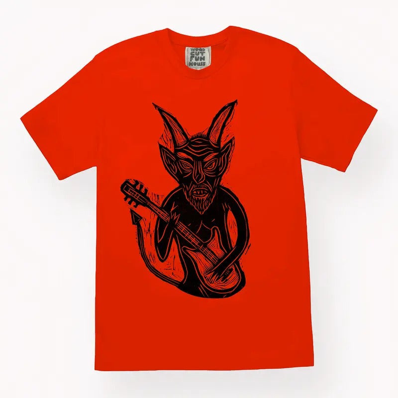 Guitar Devil Woodblock Printed All Cotton T-Shirt Menswear Top Graphic Streetwear Hoodie, Sweatshirt | RetroVerseTees.com