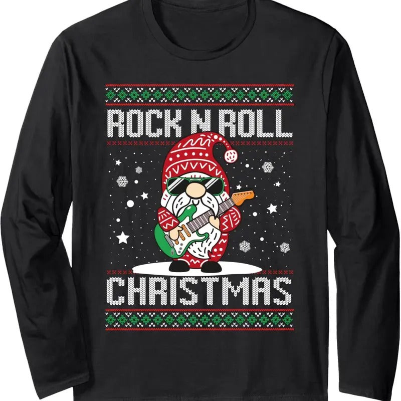 Guitarist Santa Gnome Guitar Rock n Roll Xmas Ugly Christmas Long Sleeve T-Shirt Hoodie, Sweatshirt | RetroVerseTees.com