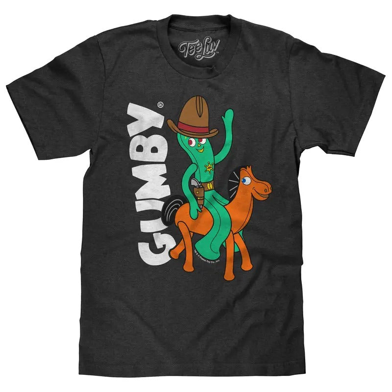 Gumby and Pokey Cowboy T-Shirt - Charcoal Gray Heather Hoodie, Sweatshirt | RetroVerseTees.com