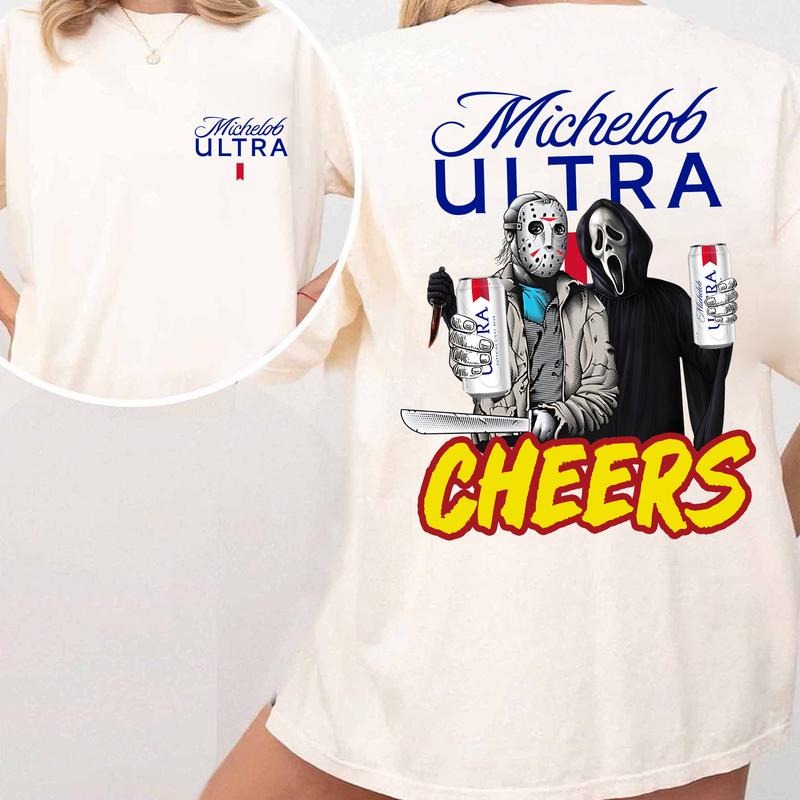 H0rr0 Character Bee.r Cheer.s Halloween Shirt, Gh0st Face Shirts, Scary Movie Shirts Hoodie, Sweatshirt | RetroVerseTees.com