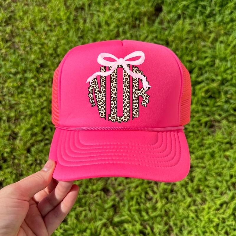 HAT - Pink Bow Cheetah Monogram Foam Mesh Trucker Hat 'NLB' T-Shirts, Hoodie, Sweatshirt | RetroVerseTees.com