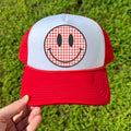 HAT - Red Gingham Happy Face Foam Mesh Trucker Hat 'NLB' T-Shirts, Hoodie, Sweatshirt | RetroVerseTees.com