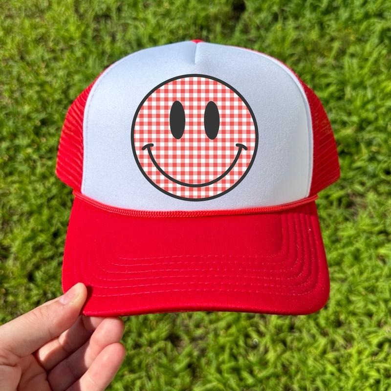 HAT - Red Gingham Happy Face Foam Mesh Trucker Hat 'NLB' T-Shirts, Hoodie, Sweatshirt | RetroVerseTees.com