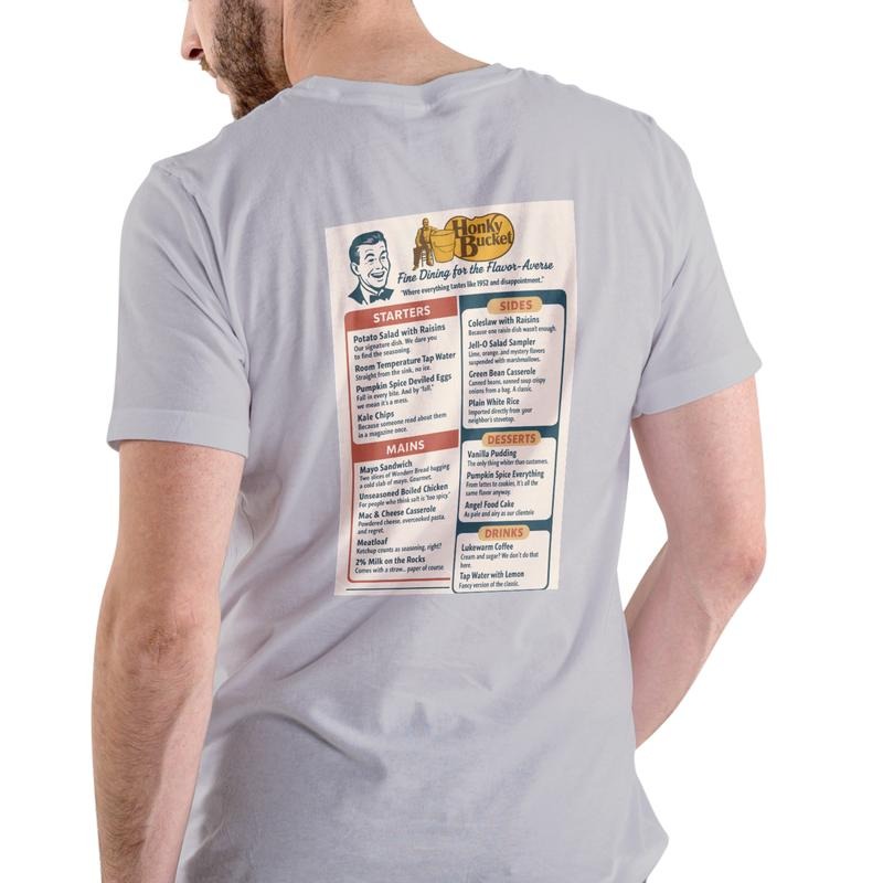 HONK BUCKET Menu T Shirt Unisex Cotton Graphic Tee with Detailed Menu Design on Back Hoodie, Sweatshirt | RetroVerseTees.com